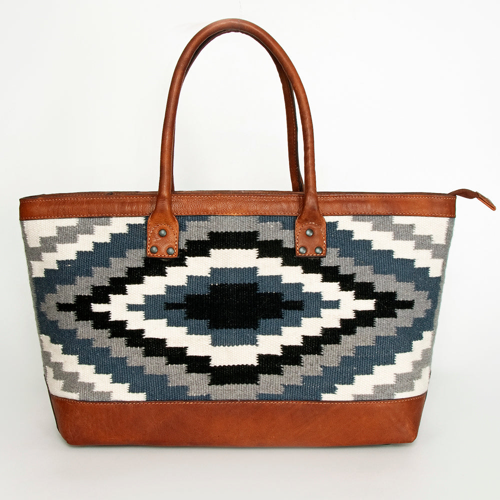 LC-ADBGZ650 Southwestern Wool Tote Bag with Leather Trim - Large Aztec Travel Shoulder Bag
