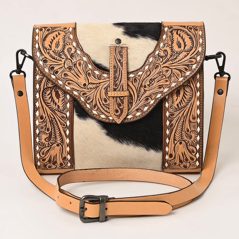 LC-ADBGZ651 Hand-Tooled Leather and Cowhide Crossbody Bag - Western Cowgirl Shoulder Purse