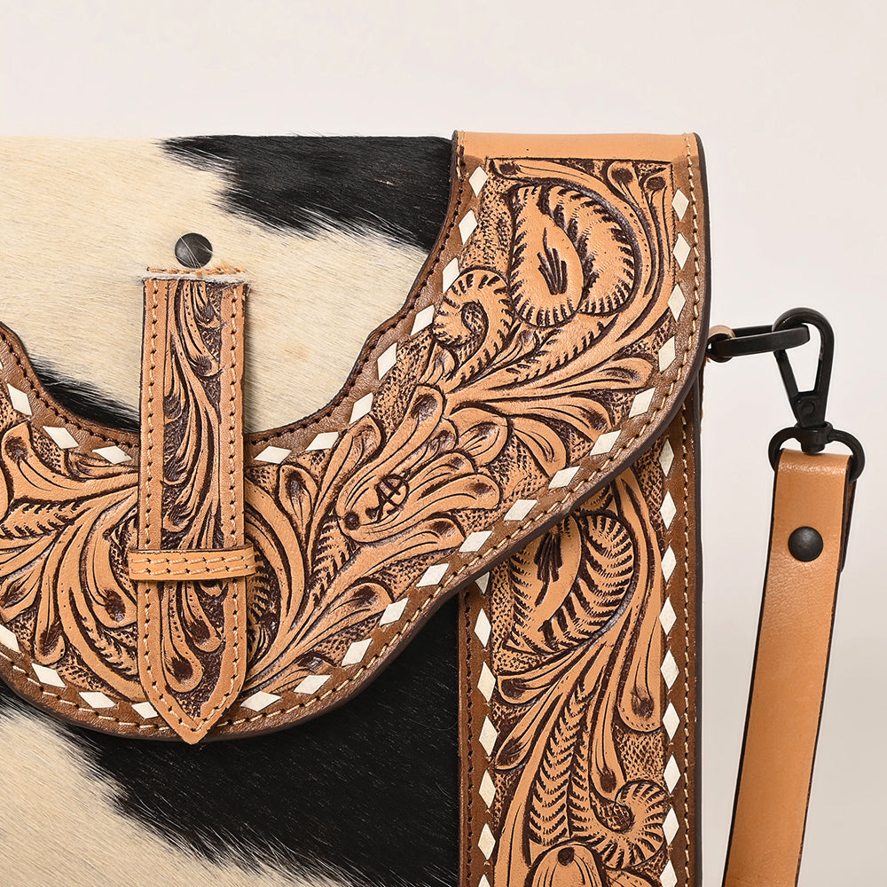 LC-ADBGZ651 Hand-Tooled Leather and Cowhide Crossbody Bag - Western Cowgirl Shoulder Purse