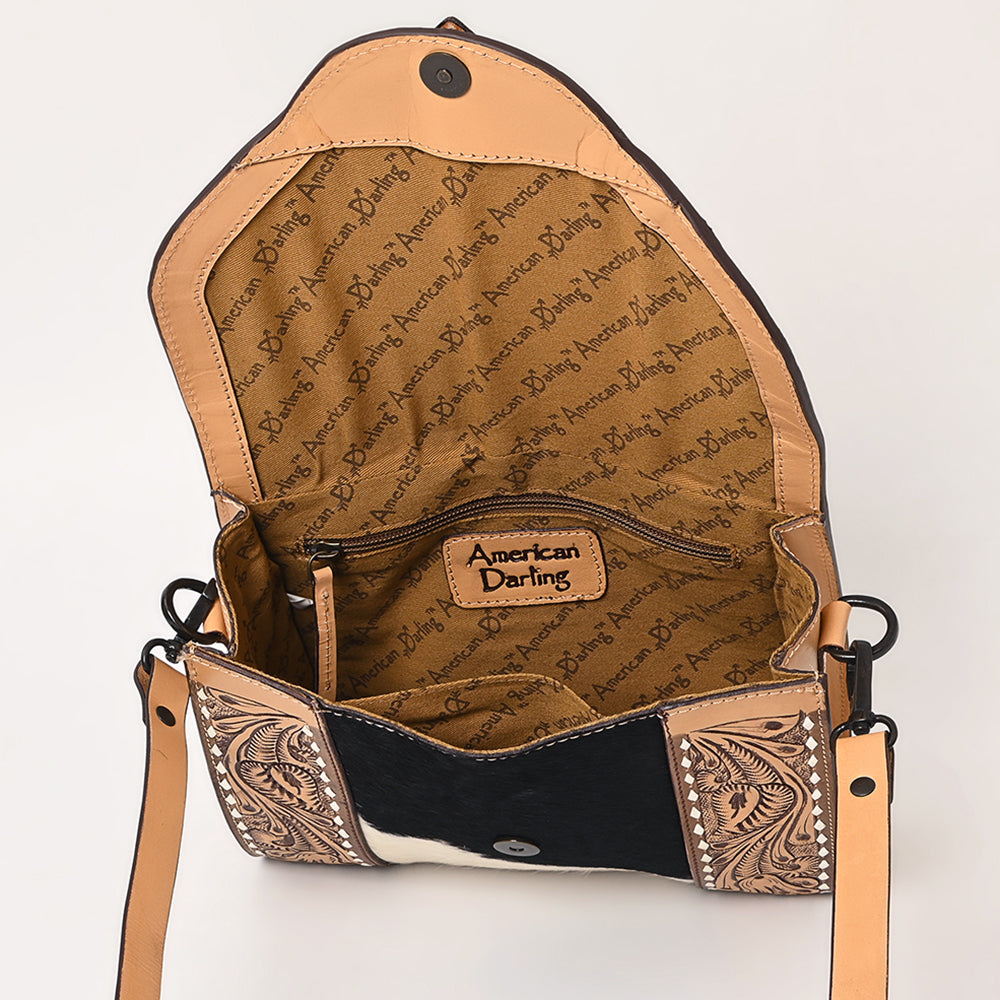 LC-ADBGZ651 Hand-Tooled Leather and Cowhide Crossbody Bag - Western Cowgirl Shoulder Purse