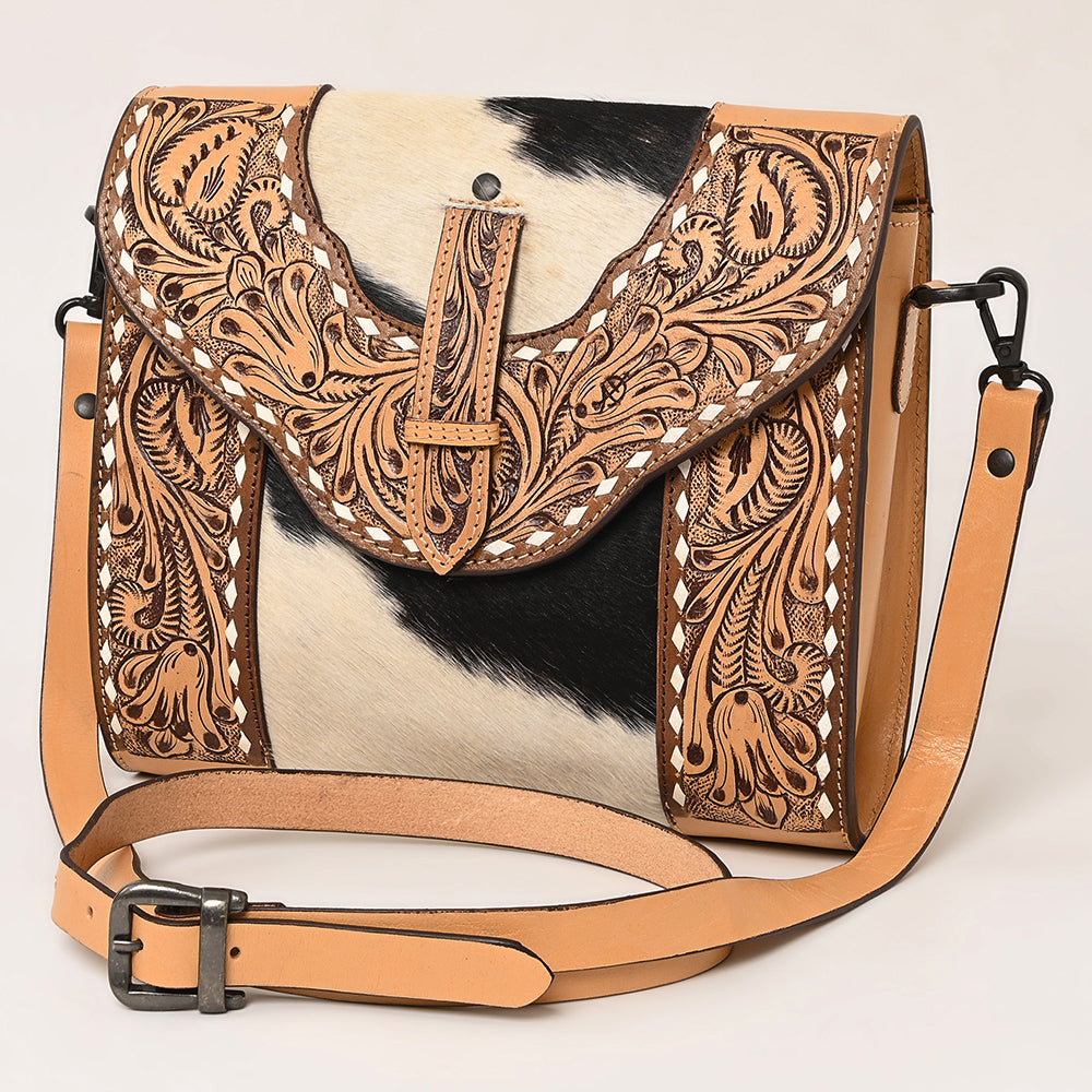 LC-ADBGZ651 Hand-Tooled Leather and Cowhide Crossbody Bag - Western Cowgirl Shoulder Purse