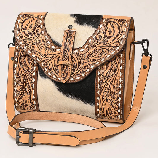 LC-ADBGZ651 Hand-Tooled Leather and Cowhide Crossbody Bag - Western Cowgirl Shoulder Purse