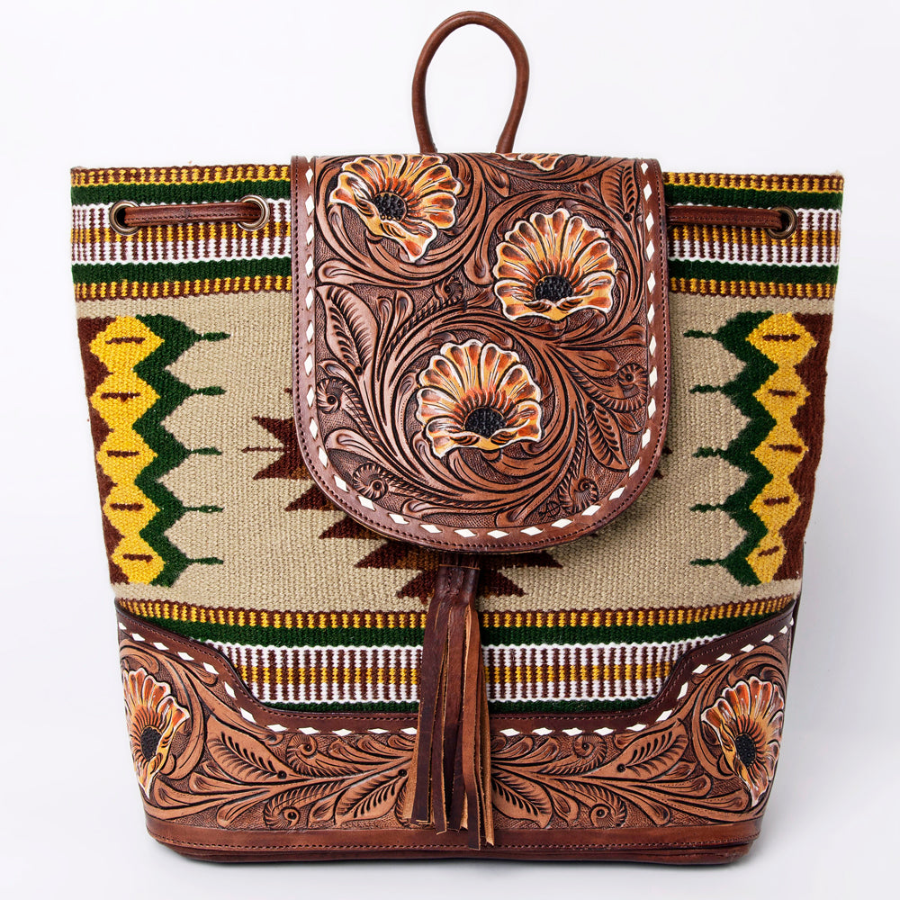 LC-ADBGZ653B Hand-Tooled Leather and Woven Aztec Backpack - Western Floral Sunflower Bag