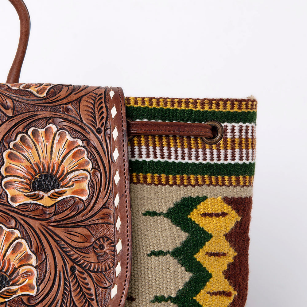 LC-ADBGZ653B Hand-Tooled Leather and Woven Aztec Backpack - Western Floral Sunflower Bag