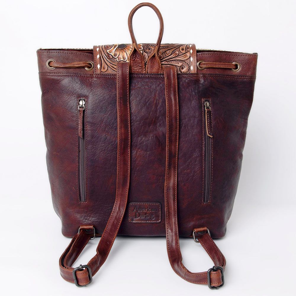 LC-ADBGZ653B Hand-Tooled Leather and Woven Aztec Backpack - Western Floral Sunflower Bag