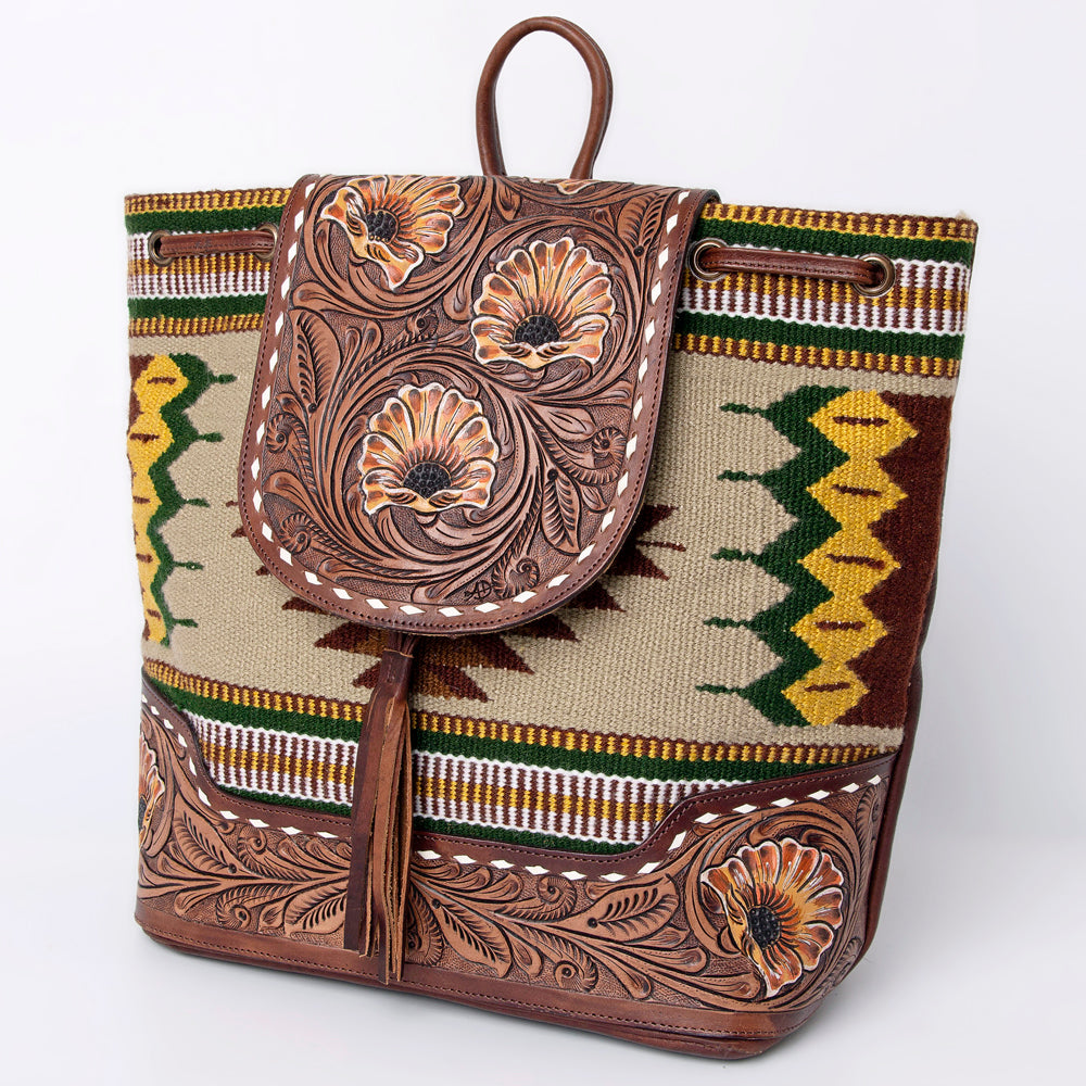LC-ADBGZ653B Hand-Tooled Leather and Woven Aztec Backpack - Western Floral Sunflower Bag