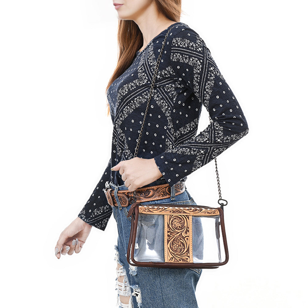 ADBGZ655 Clear Stadium Bag with Floral Tooled Leather Trim and Chain Strap - Western Crossbody