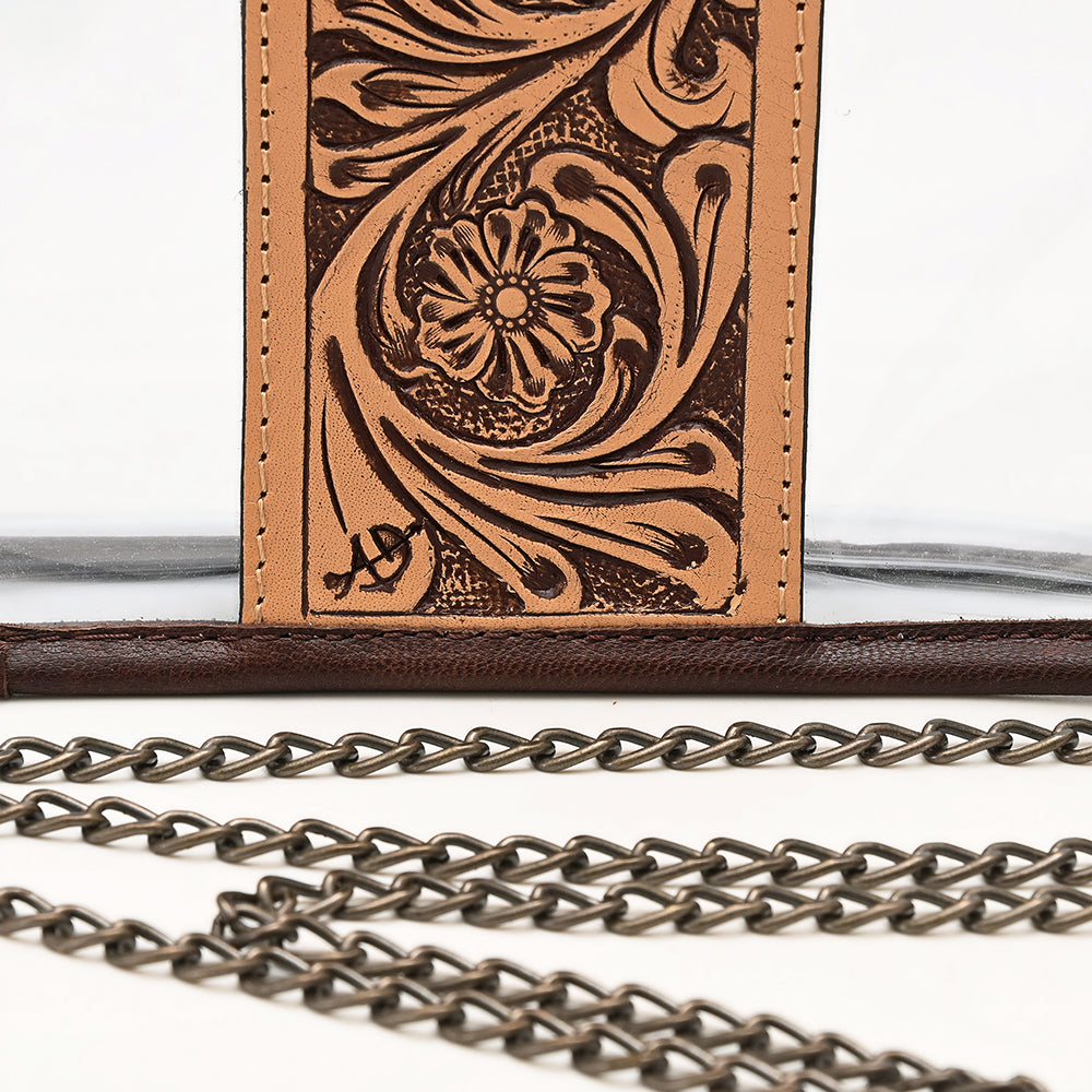 ADBGZ655 Clear Stadium Bag with Floral Tooled Leather Trim and Chain Strap - Western Crossbody
