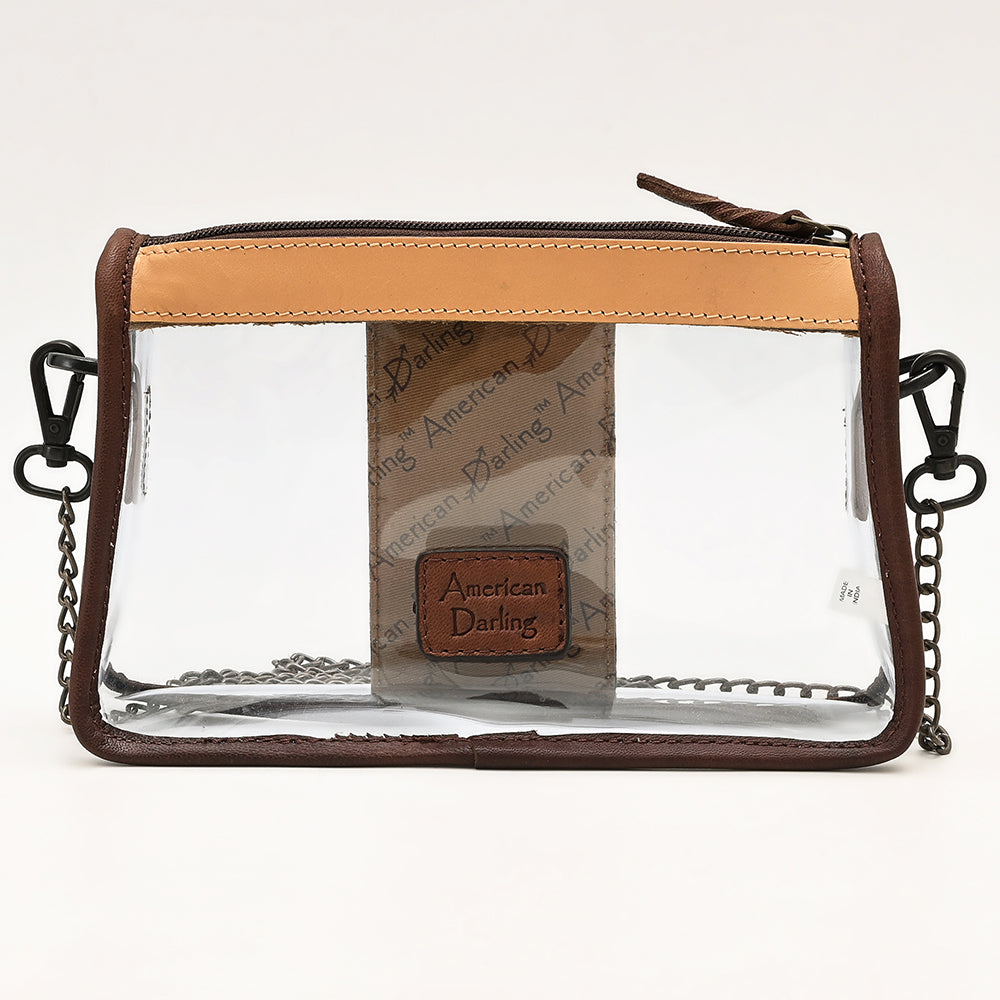 ADBGZ655 Clear Stadium Bag with Floral Tooled Leather Trim and Chain Strap - Western Crossbody