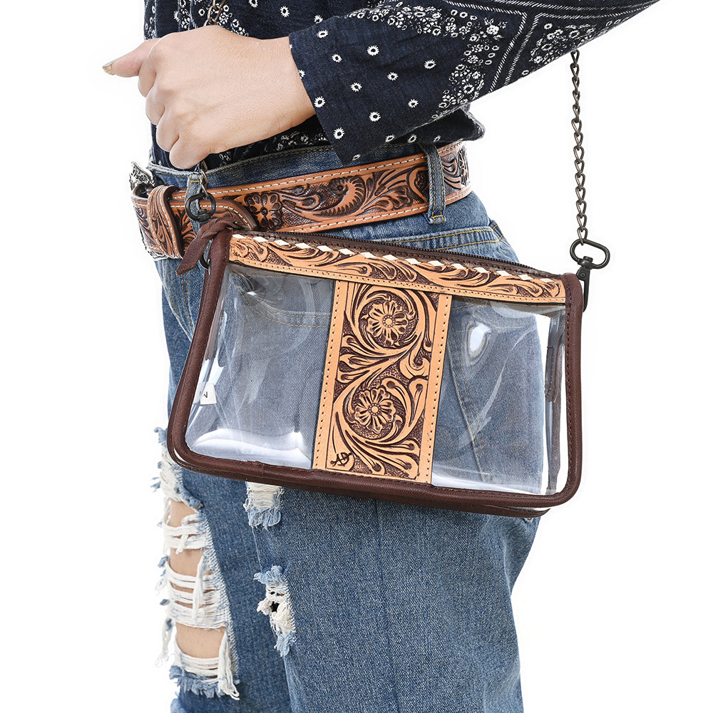 ADBGZ655 Clear Stadium Bag with Floral Tooled Leather Trim and Chain Strap - Western Crossbody