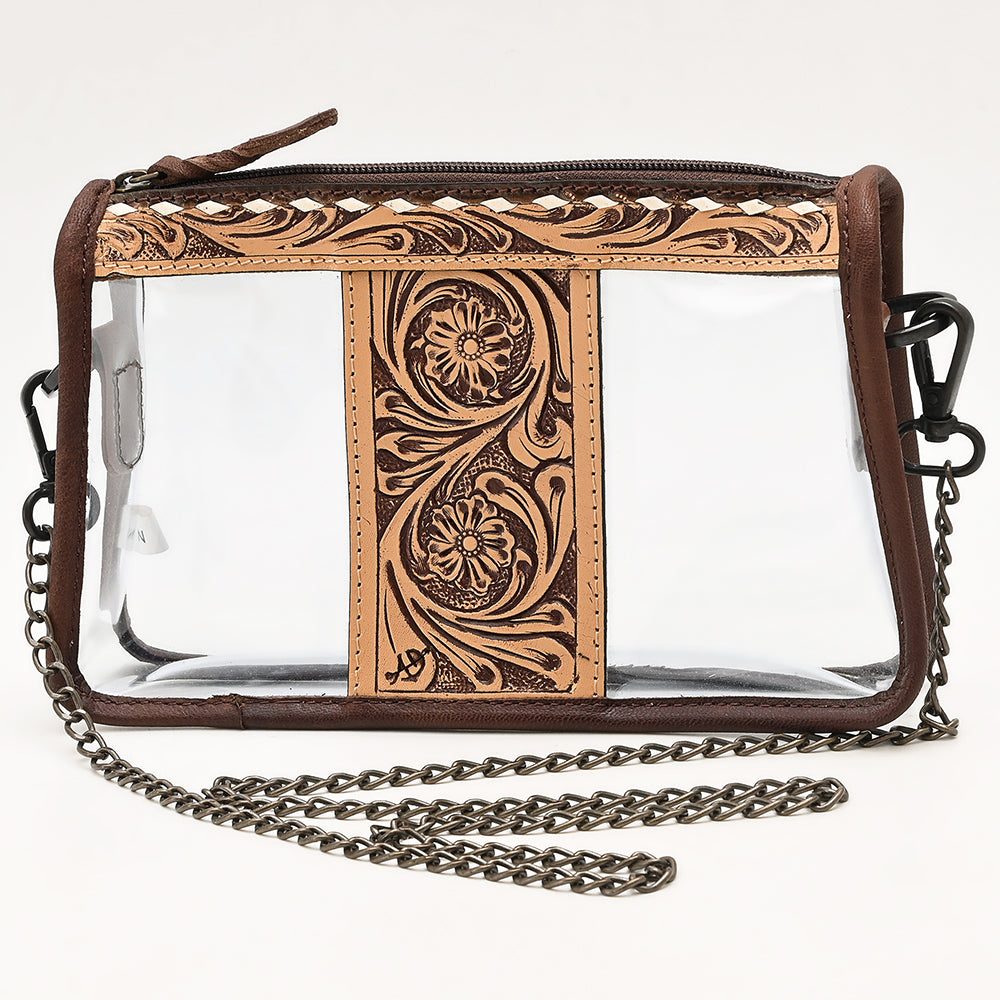 ADBGZ655 Clear Stadium Bag with Floral Tooled Leather Trim and Chain Strap - Western Crossbody