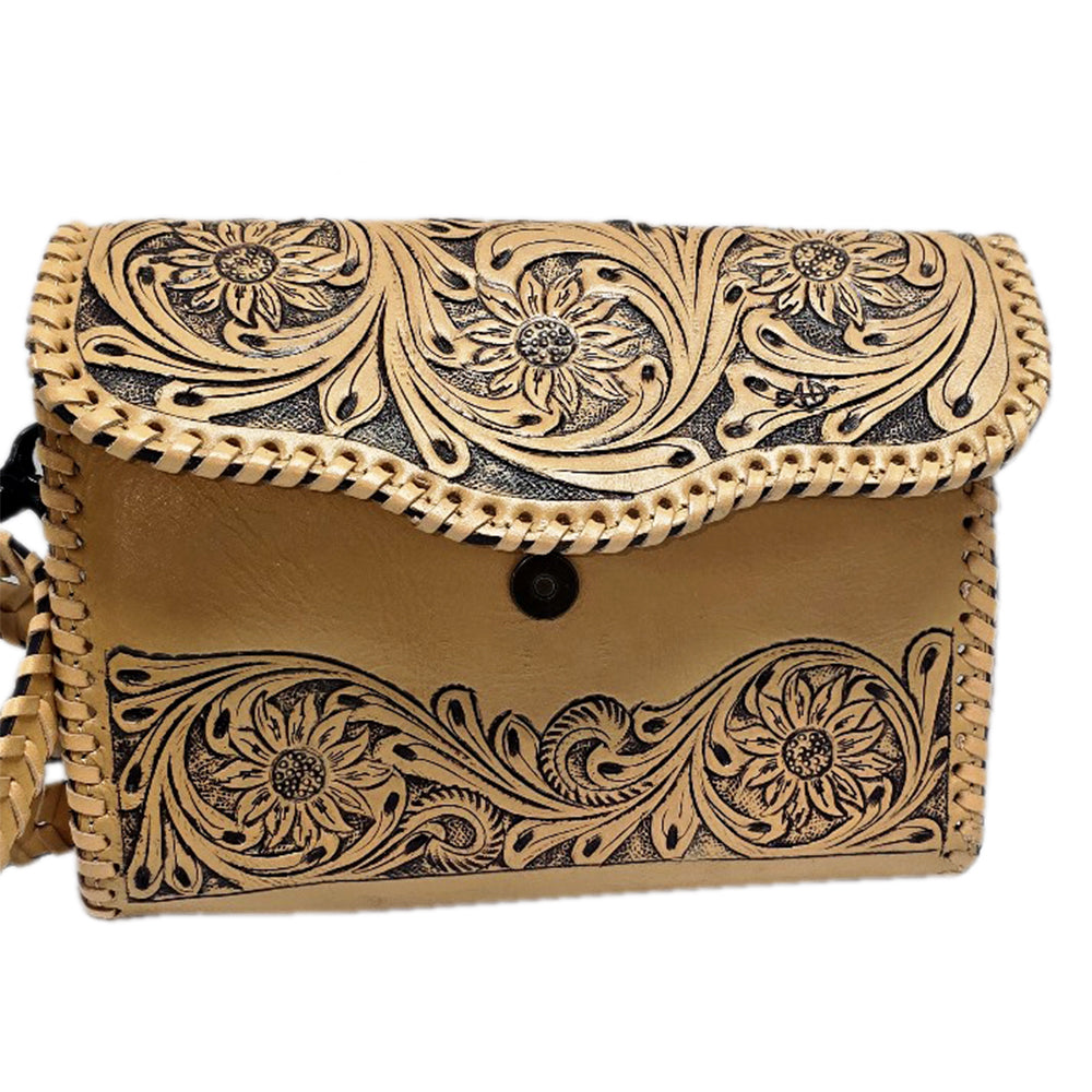 LC-ADBGZ657 Tooled Leather Crossbody Wallet with Floral Design and Braided Strap - Western Cowgirl Purse