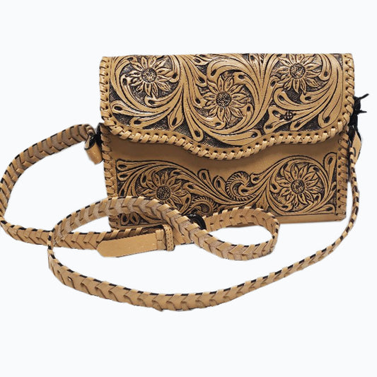 LC-ADBGZ657 Tooled Leather Crossbody Wallet with Floral Design and Braided Strap - Western Cowgirl Purse