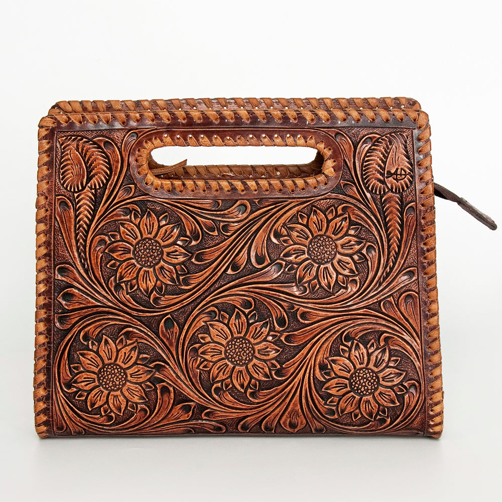 LC-ADBGZ661 Hand-Tooled Leather Floral Clutch with Cut-Out Handle - Western Cowgirl Purse