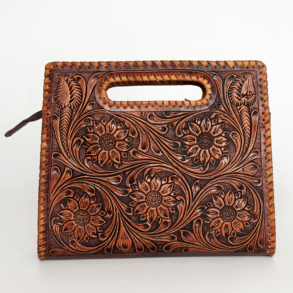 LC-ADBGZ661 Hand-Tooled Leather Floral Clutch with Cut-Out Handle - Western Cowgirl Purse