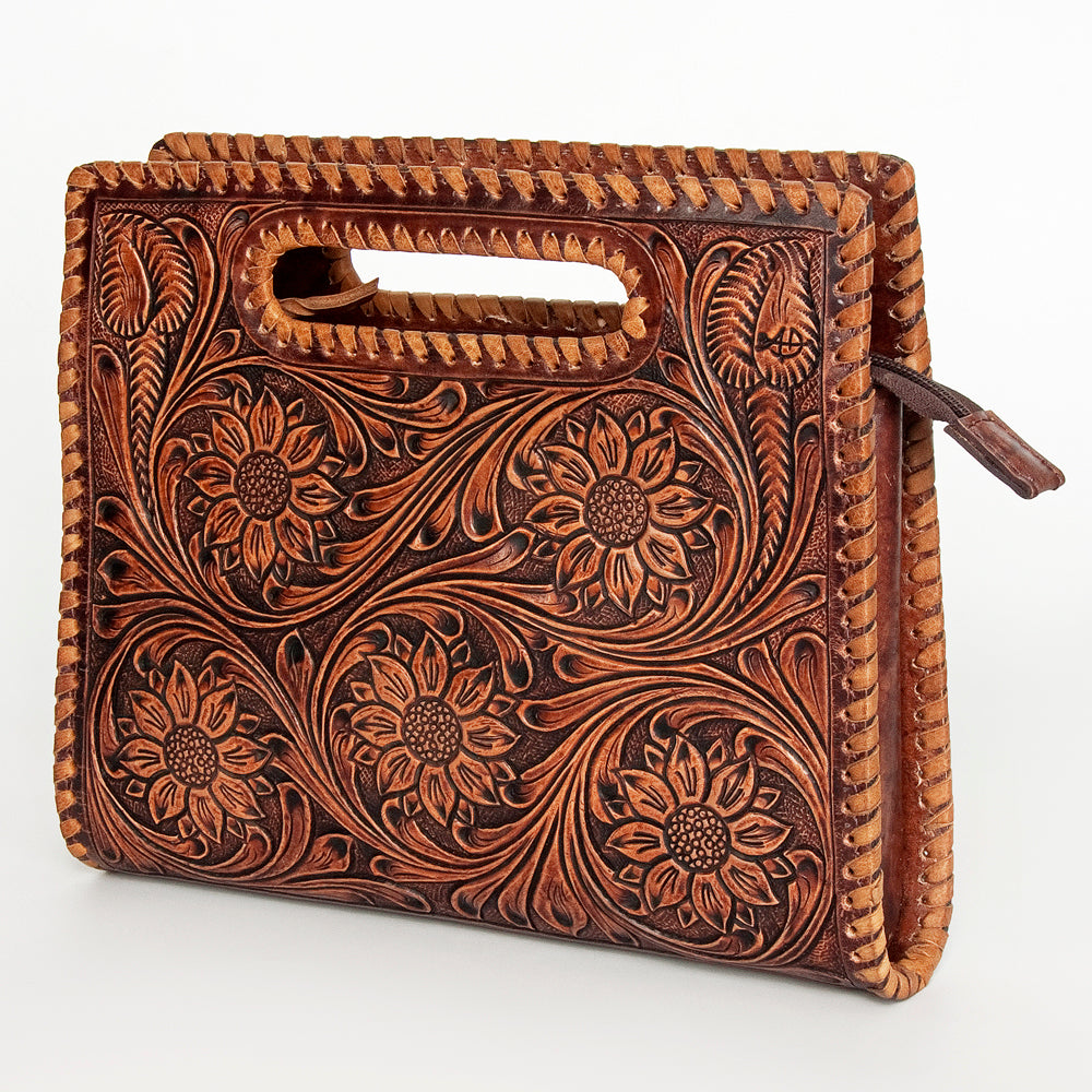 LC-ADBGZ661 Hand-Tooled Leather Floral Clutch with Cut-Out Handle - Western Cowgirl Purse