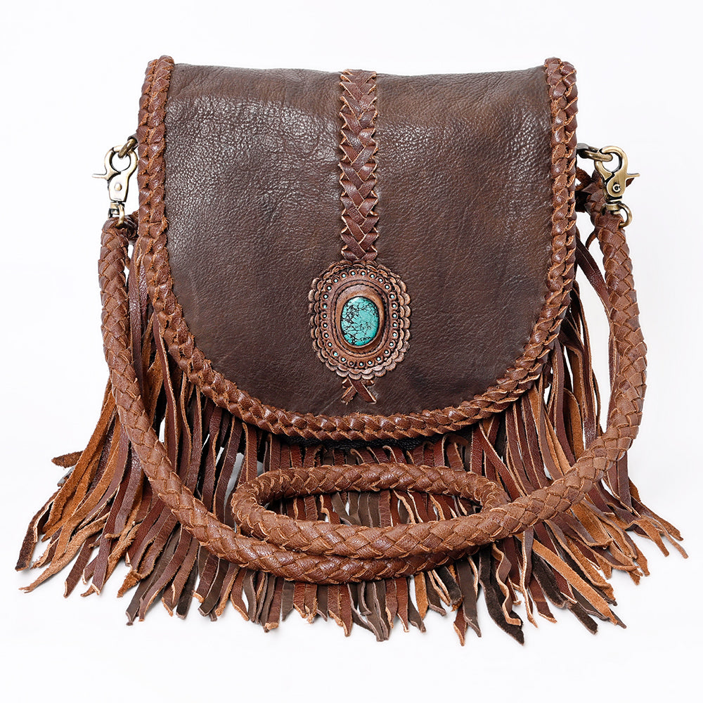 ADBGM262 Braided Fringe Messenger Bag - Genuine Leather with Turquoise Concho
