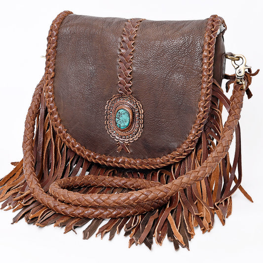 ADBGM262 Braided Fringe Messenger Bag - Genuine Leather with Turquoise Concho