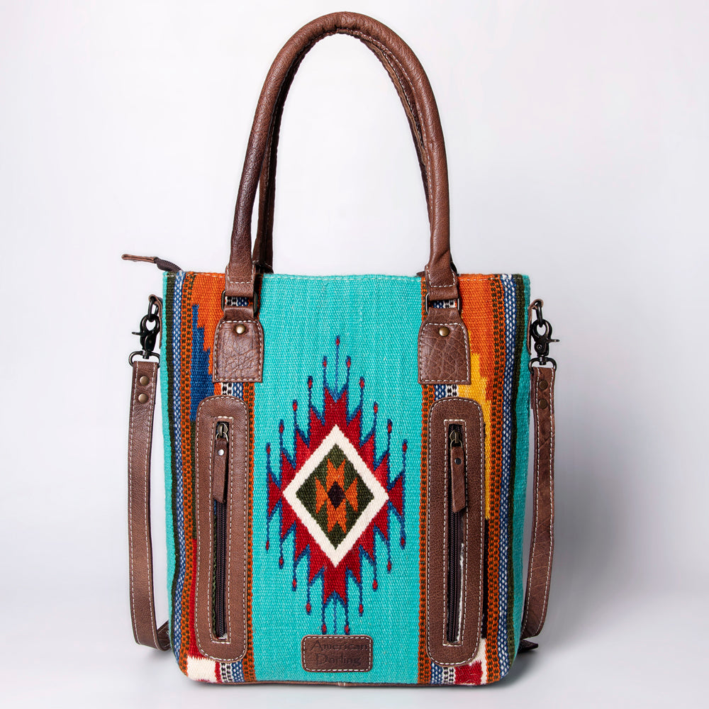 ADBG1003 American Darling Handwoven Saddle Blanket Western Tote Bag Genuine Leather Straps