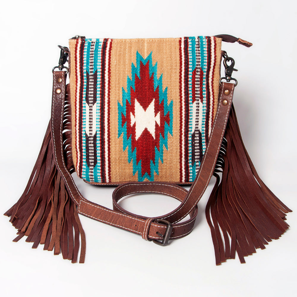 ADBG1007 American Darling Handwoven Saddle Blanket Fringe Crossbody Bag Genuine Leather