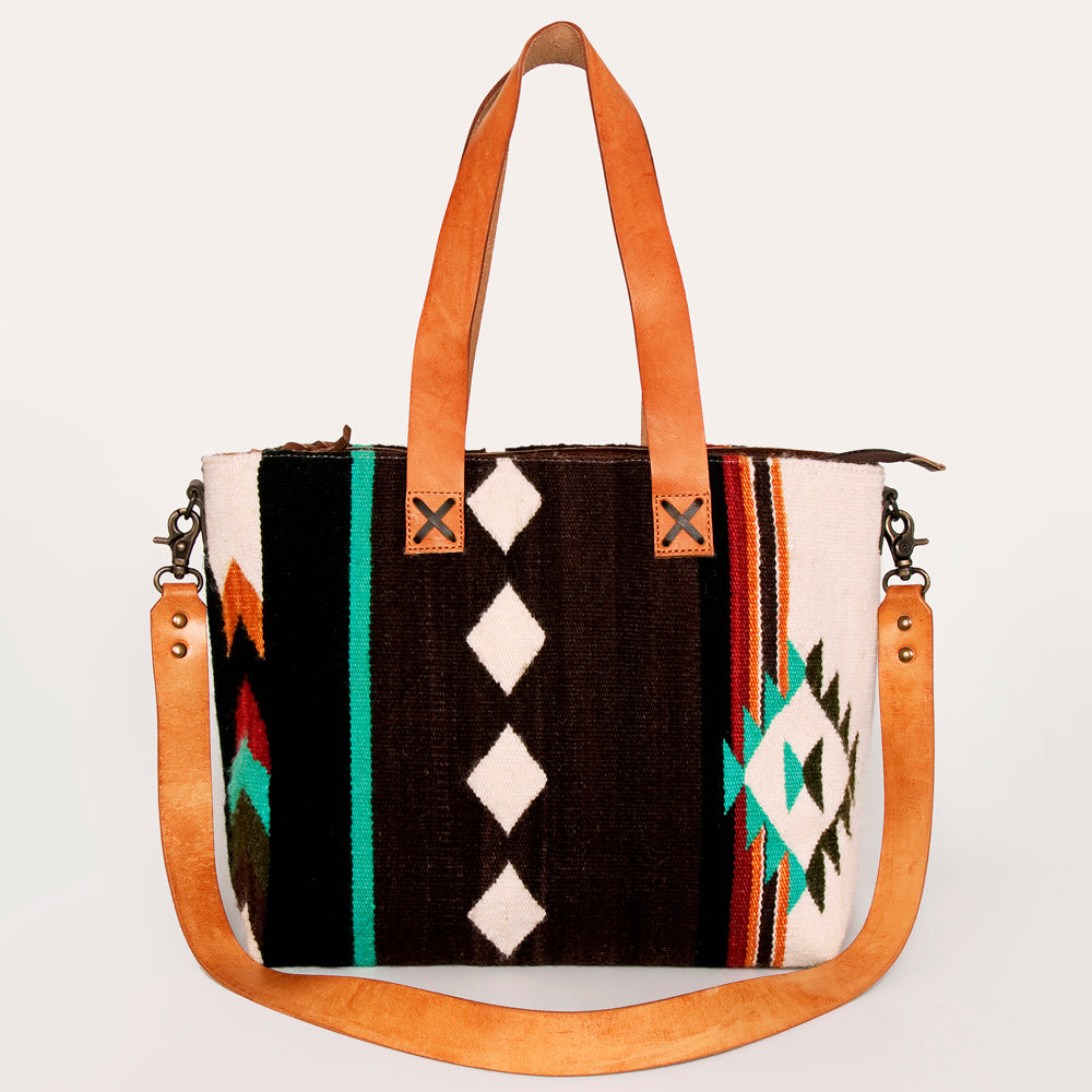 LC-ADBG575D Southwestern Wool Tote with Natural Leather Straps Handwoven Tribal Pattern & Tassel