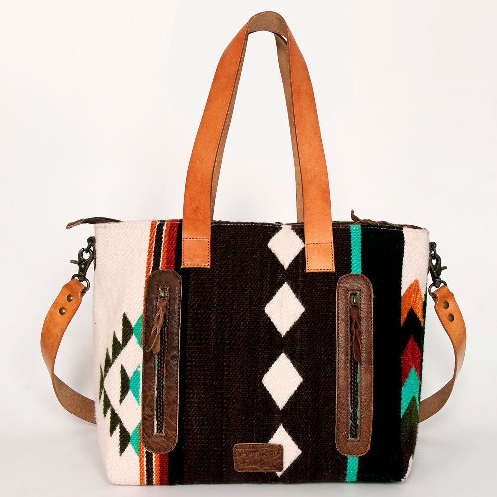 LC-ADBG575D Southwestern Wool Tote with Natural Leather Straps Handwoven Tribal Pattern & Tassel