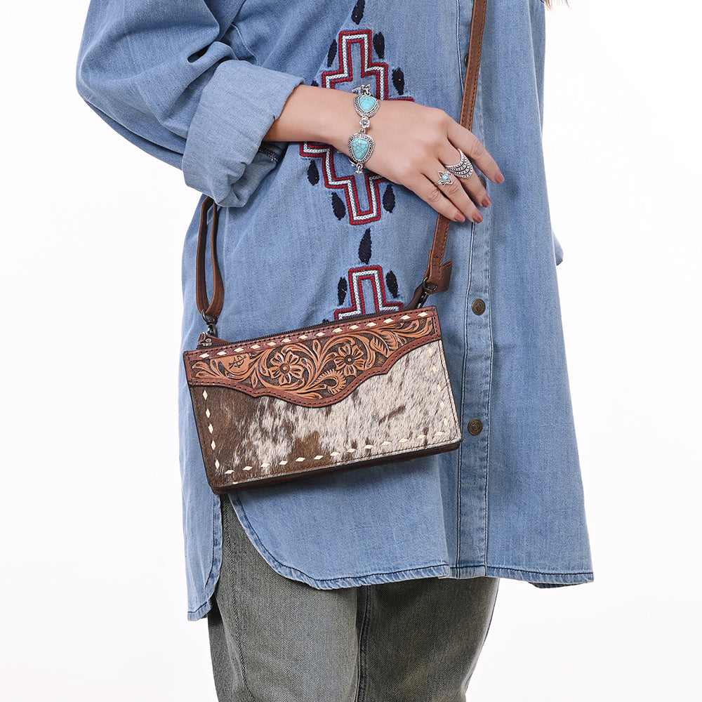 ADBG1027 American Darling Hair-On Cowhide & Tooled Leather Small Crossbody Bag Western Style