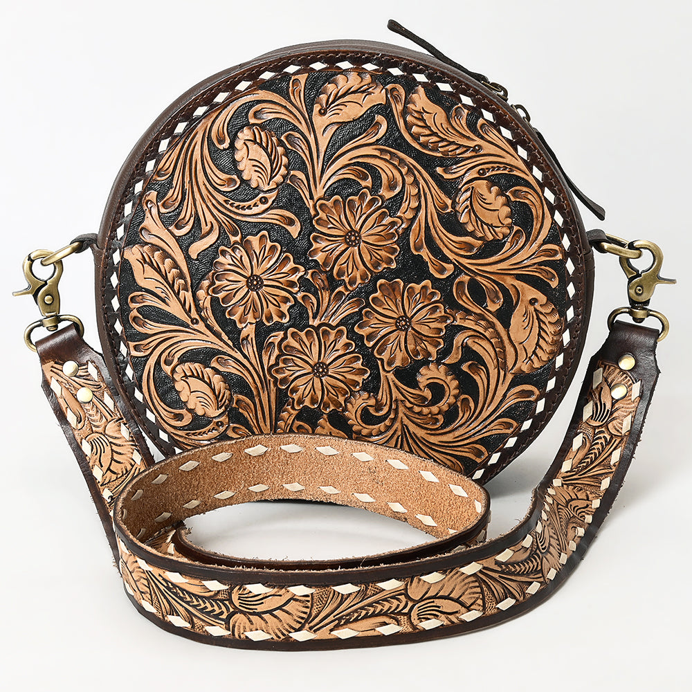 ADBGA304 American Darling Canteen Bag Hand Tooled Floral Leather Round Crossbody