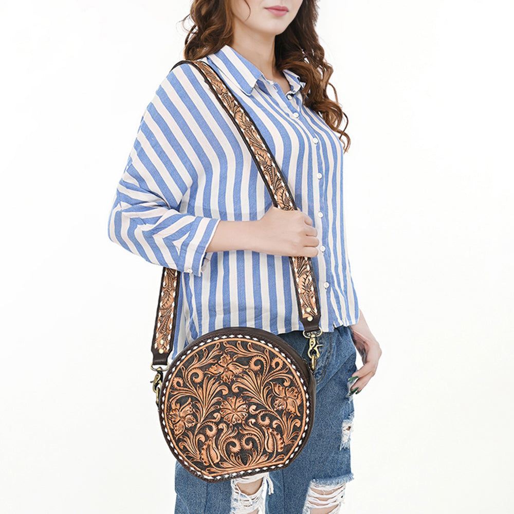 ADBGA305 American Darling Canteen Bag Full Floral Hand Tooled Round Leather Crossbody