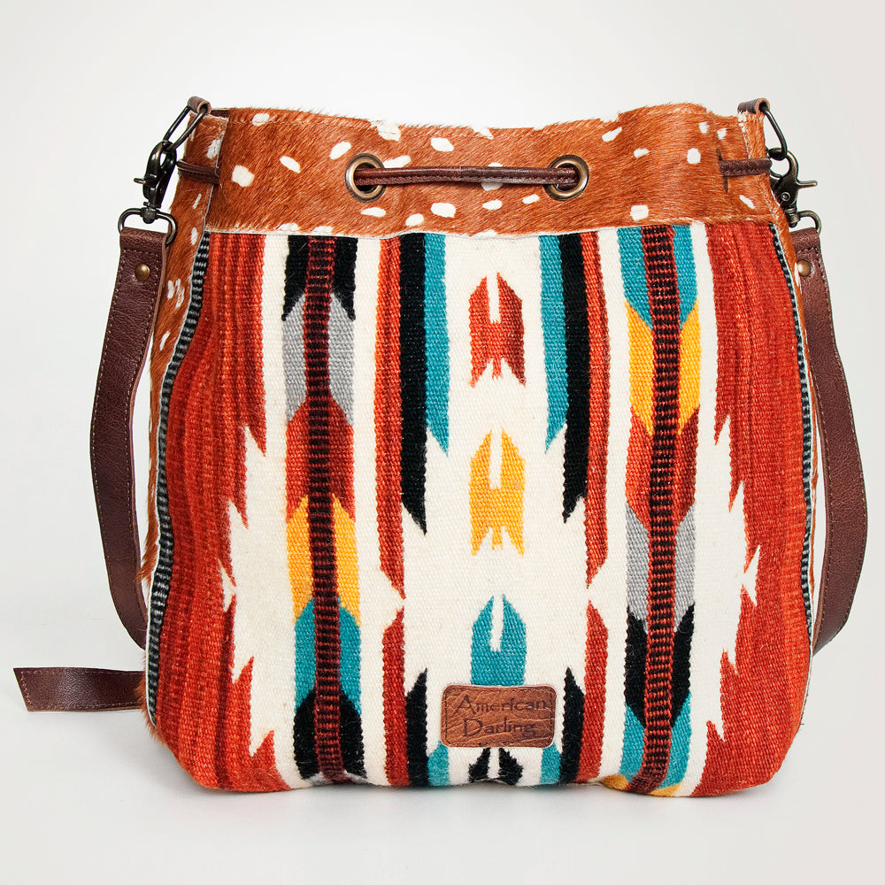 LC-ADBG574 Southwestern Wool Bucket Bag Drawstring Tote with Leather Strap