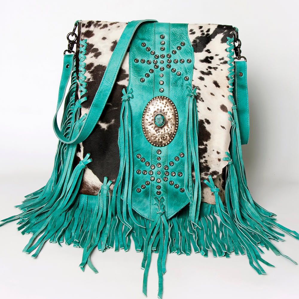 ADBGM253 Cowhide Leather Fringe Messenger Bag - Turquoise Concho & Studded Western Messenger