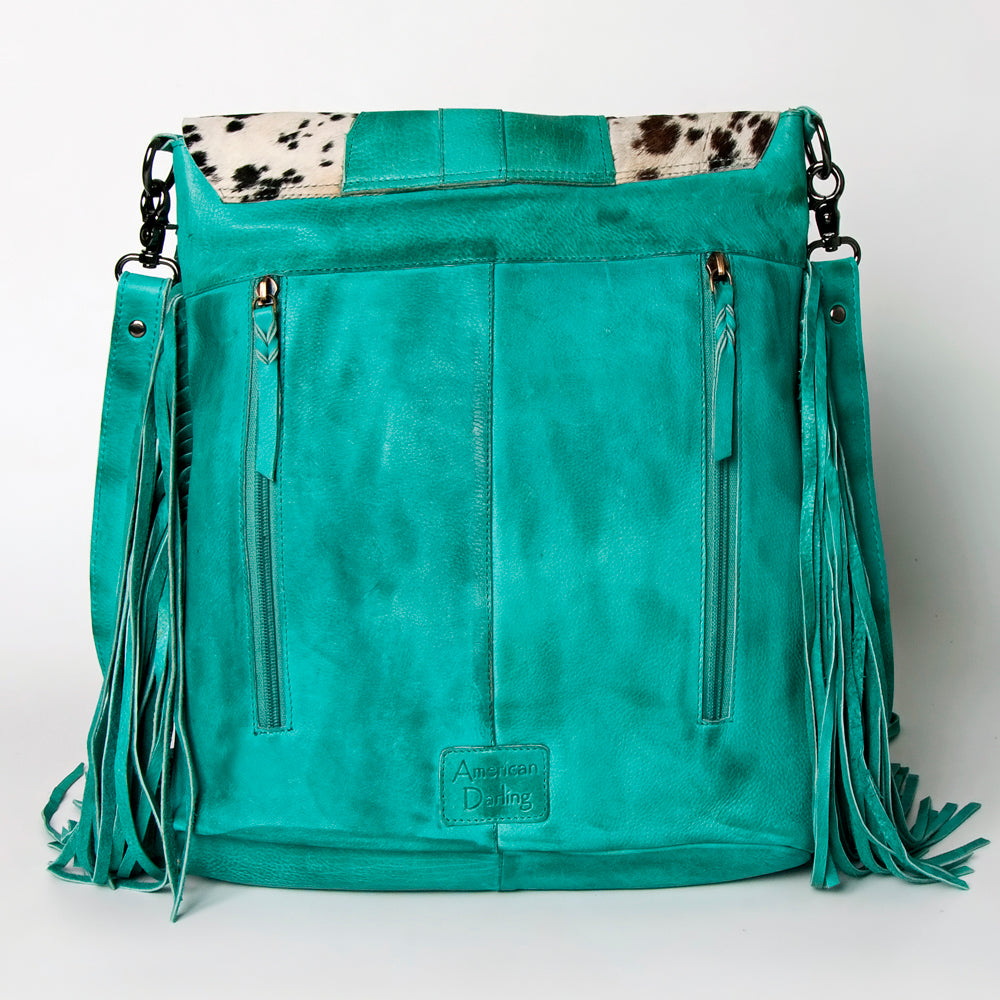 ADBGM253 Cowhide Leather Fringe Messenger Bag - Turquoise Concho & Studded Western Messenger