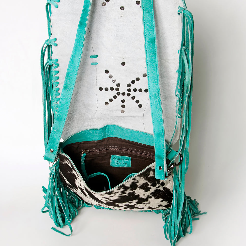 ADBGM253 Cowhide Leather Fringe Messenger Bag - Turquoise Concho & Studded Western Messenger