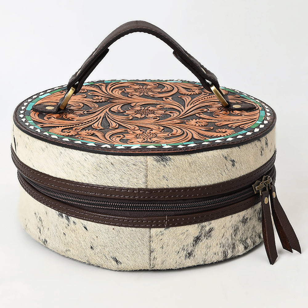 ADBGA317 Hand-Tooled Round Hair-On Leather Jewelry Case Western Floral & Turquoise Inlay