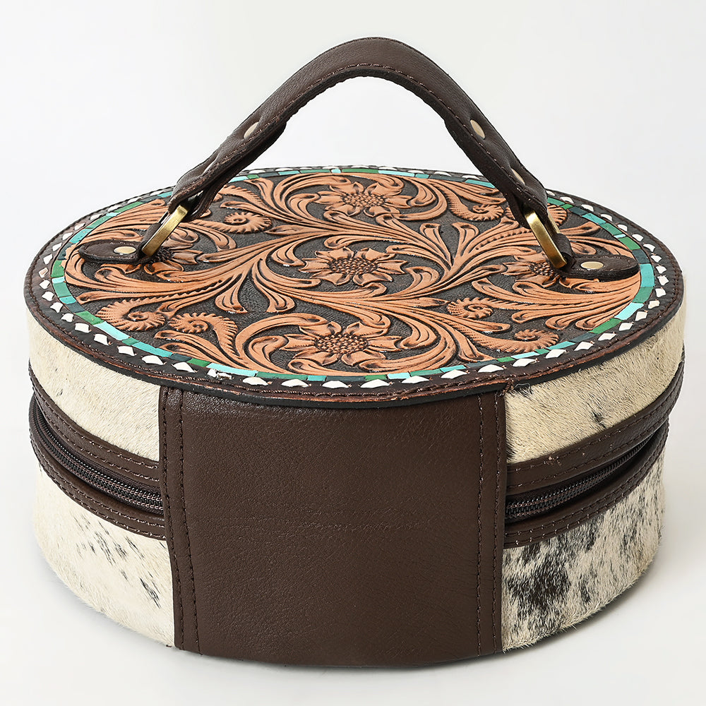 ADBGA317 Hand-Tooled Round Hair-On Leather Jewelry Case Western Floral & Turquoise Inlay