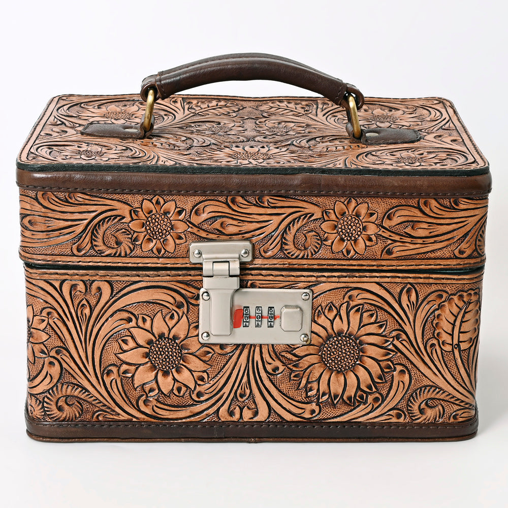 ADBGA321 Hand-Tooled Leather Locking Jewelry Case Western Floral Organizer Box