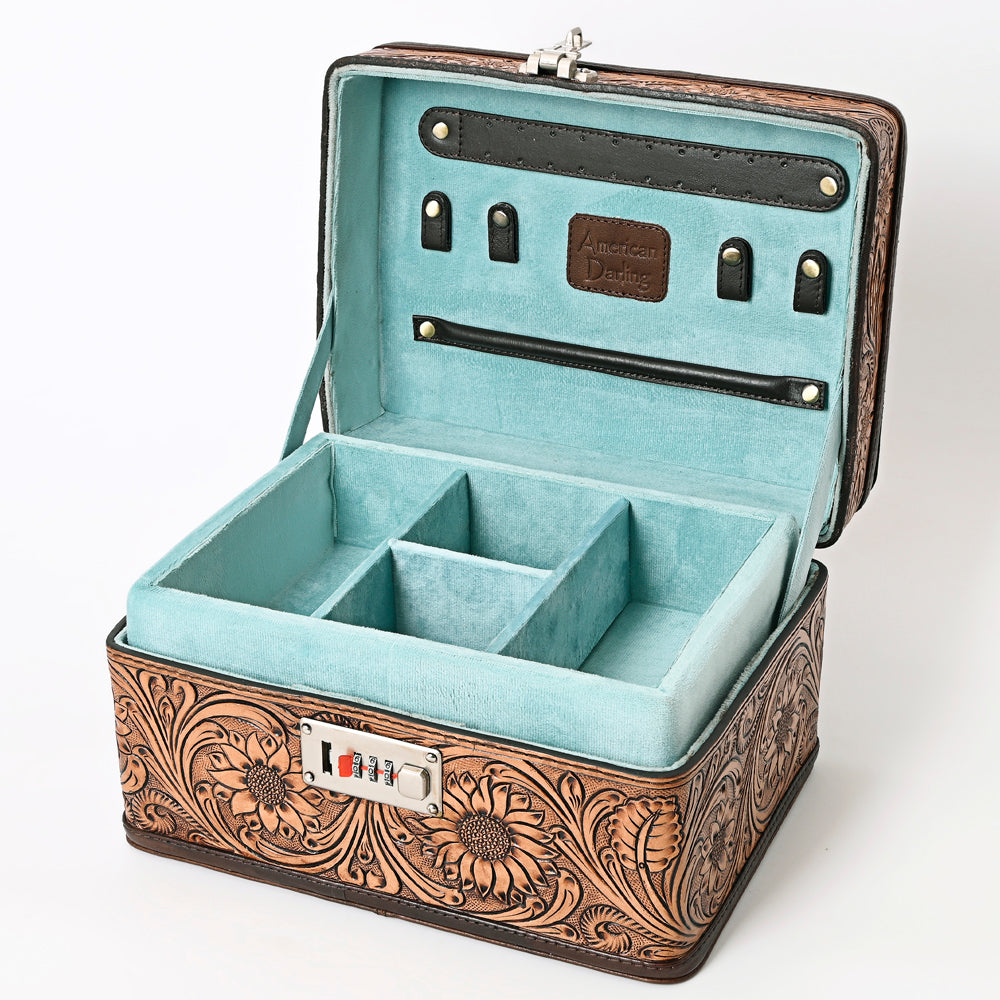 ADBGA321 Hand-Tooled Leather Locking Jewelry Case Western Floral Organizer Box