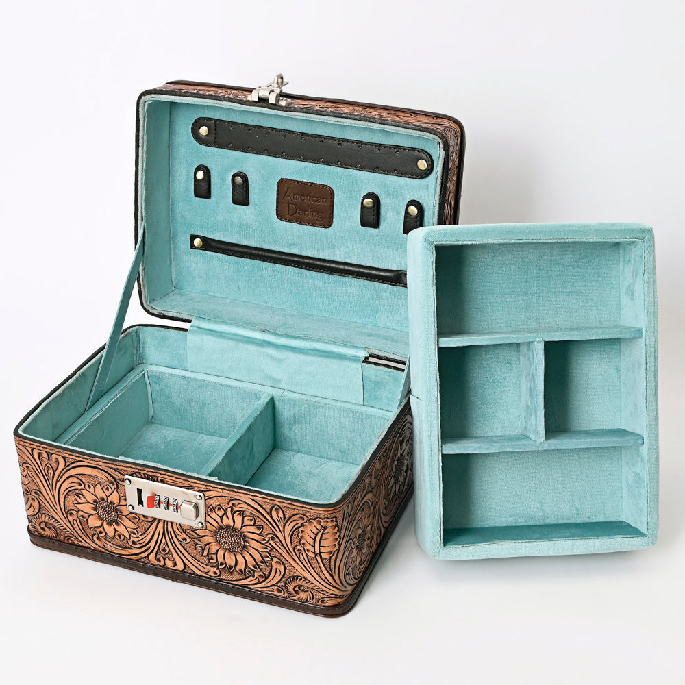 ADBGA321 Hand-Tooled Leather Locking Jewelry Case Western Floral Organizer Box