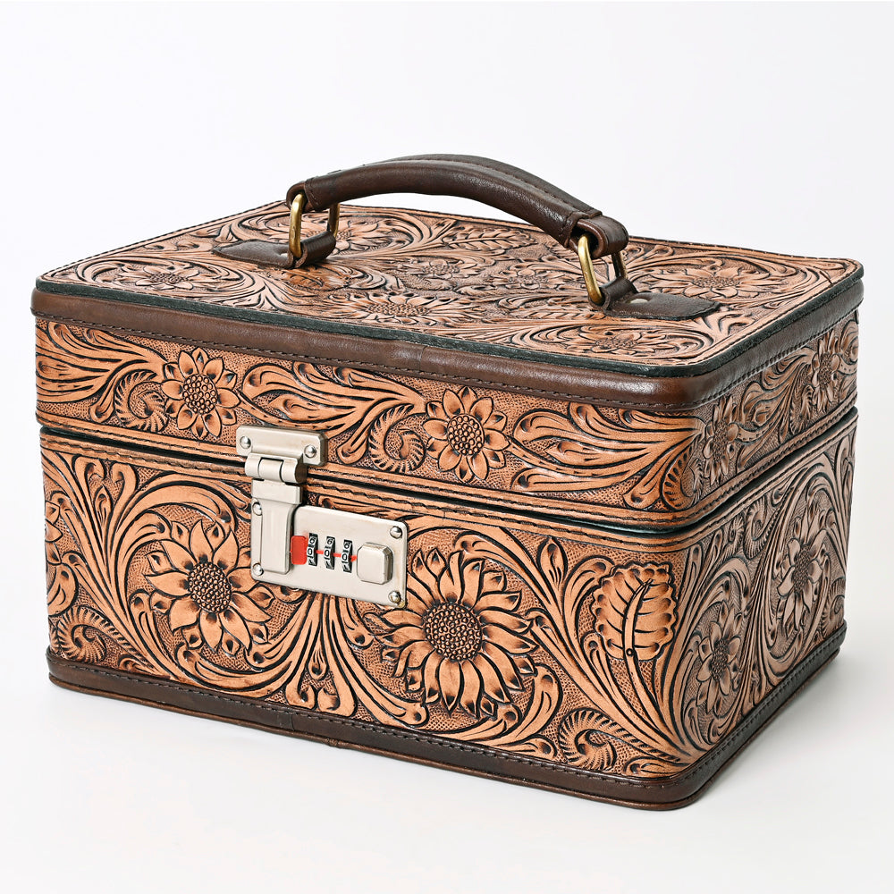 ADBGA321 Hand-Tooled Leather Locking Jewelry Case Western Floral Organizer Box