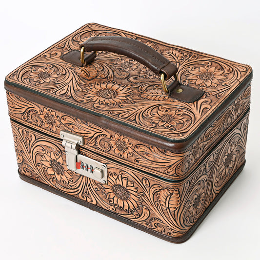 ADBGA321 Hand-Tooled Leather Locking Jewelry Case Western Floral Organizer Box