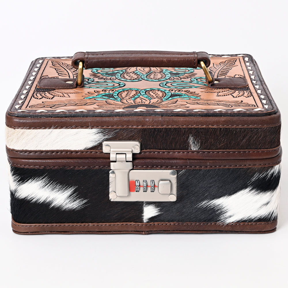 ADBGA321 Western Tooled Leather and Cowhide Locking Jewelry Storage Box