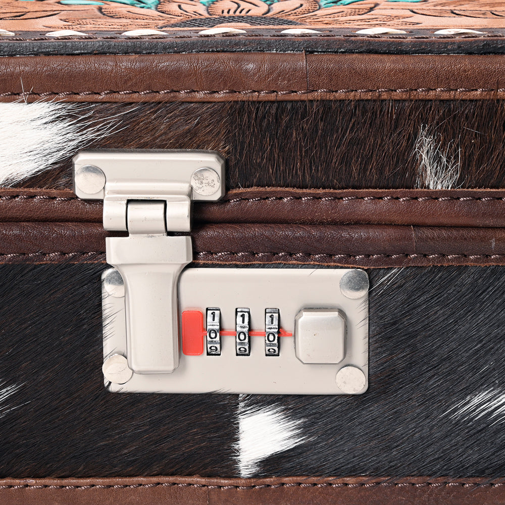 ADBGA321 Western Tooled Leather and Cowhide Locking Jewelry Storage Box