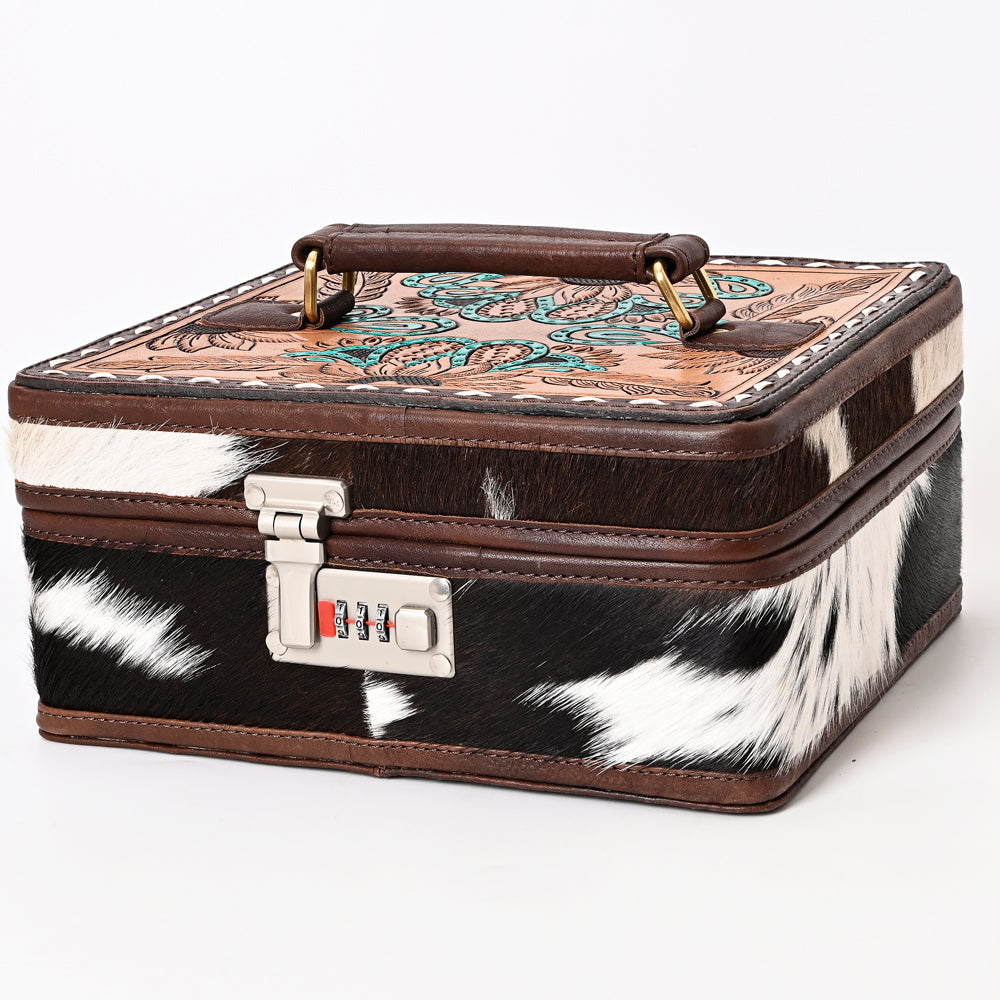 ADBGA321 Western Tooled Leather and Cowhide Locking Jewelry Storage Box
