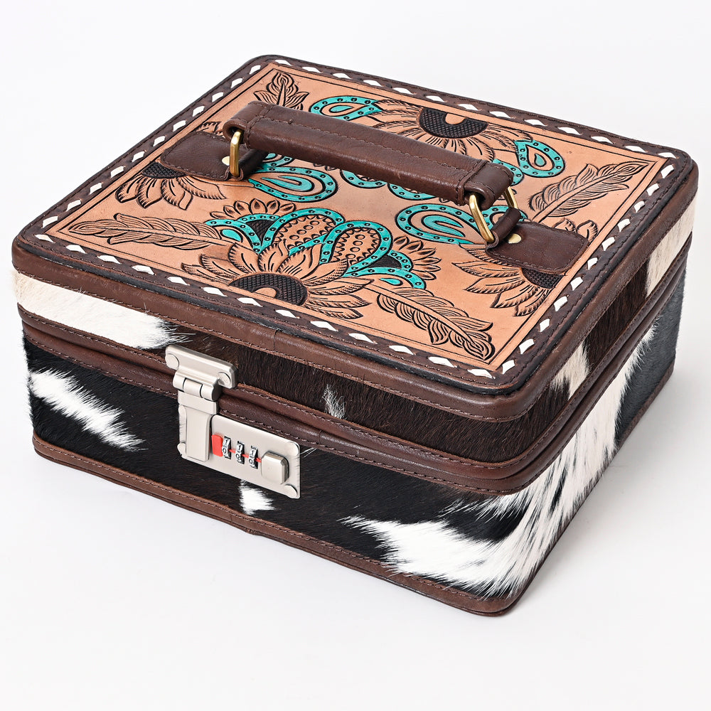 ADBGA321 Western Tooled Leather and Cowhide Locking Jewelry Storage Box