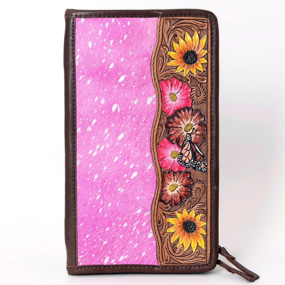 ADBGA323 Hair-On Cowhide & Tooled Leather Western Zip Jewelry Case Floral Edge Design