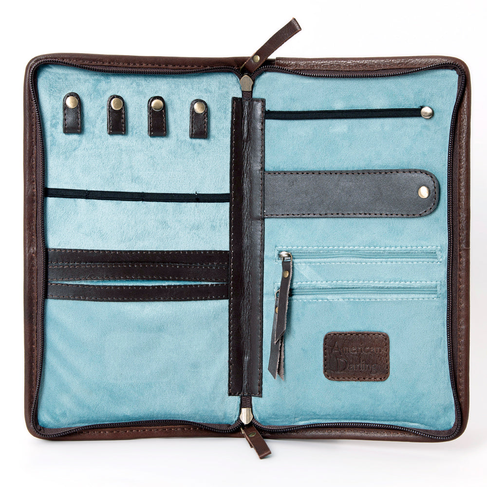 ADBGA323 Hair-On Cowhide & Tooled Leather Western Zip Jewelry Case Floral Edge Design