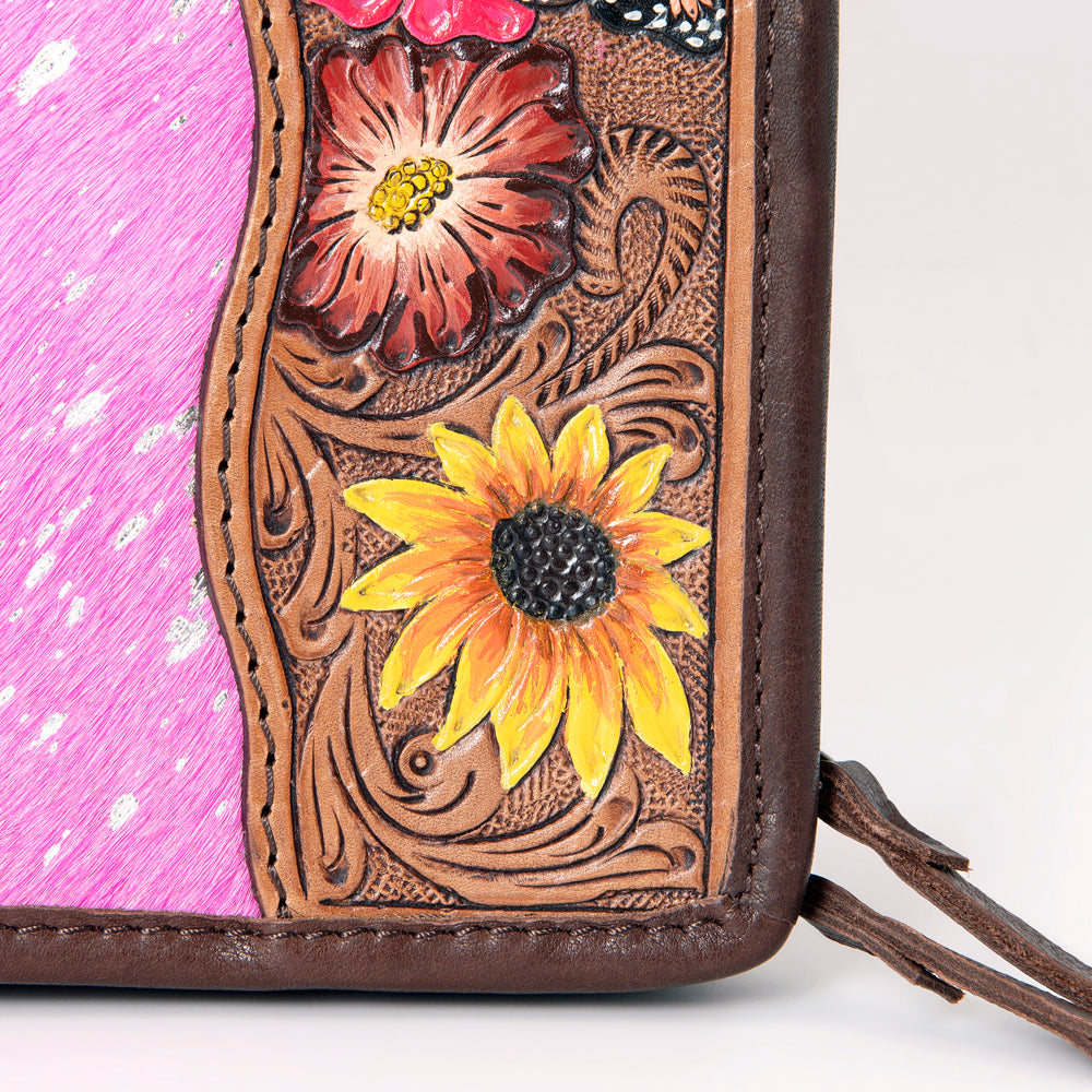 ADBGA323 Hair-On Cowhide & Tooled Leather Western Zip Jewelry Case Floral Edge Design