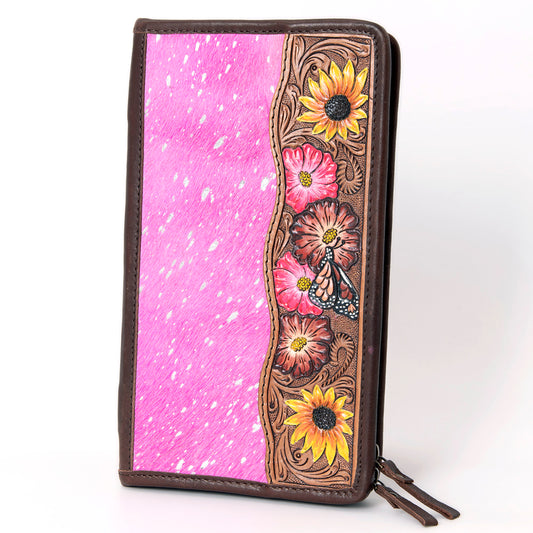 ADBGA323 Hair-On Cowhide & Tooled Leather Western Zip Jewelry Case Floral Edge Design