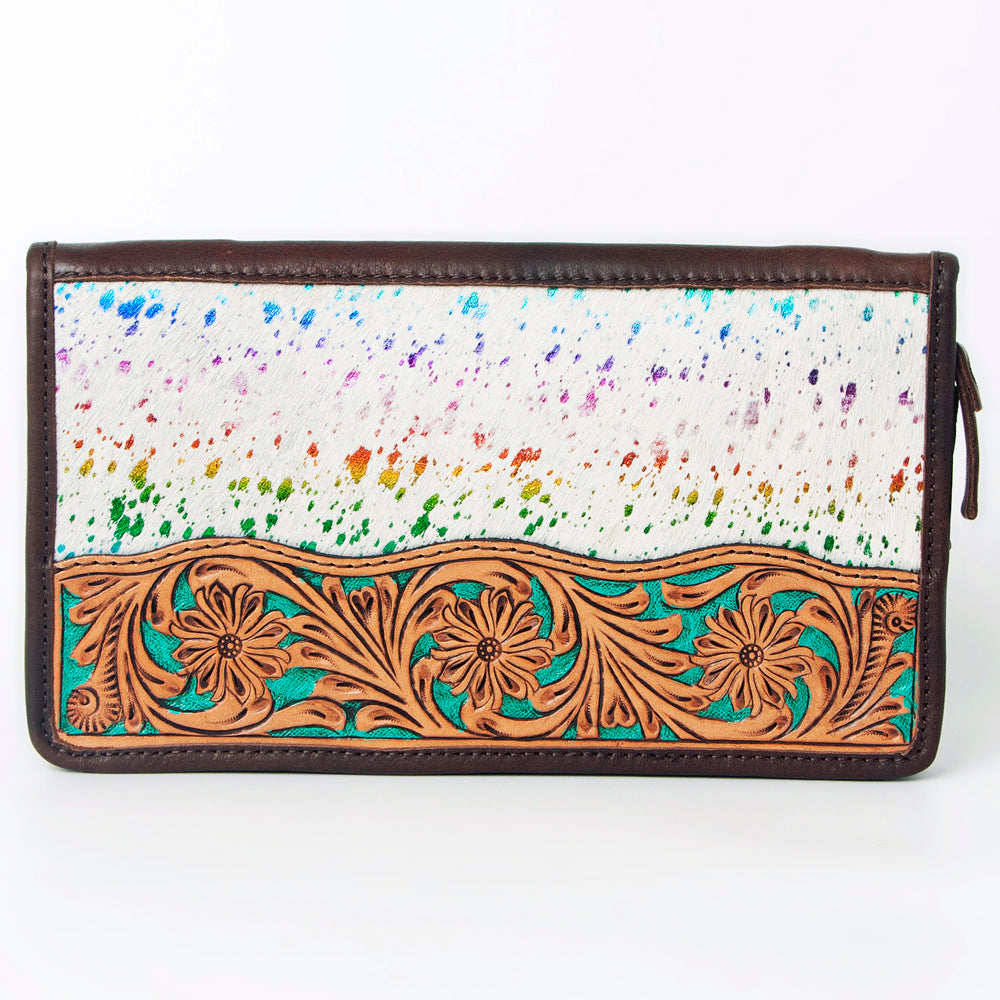 ADBGA323 Hair-On Cowhide & Tooled Leather Western Zip Jewelry Case Floral Edge Design