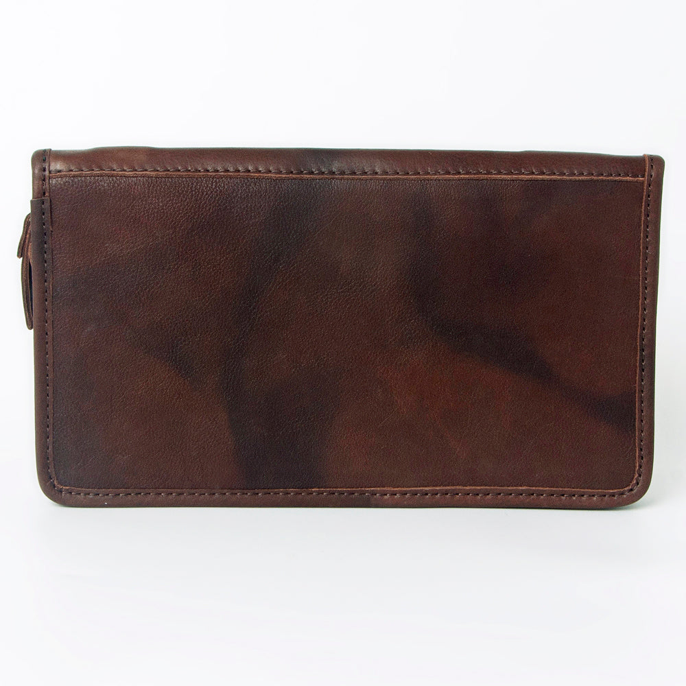 ADBGA323 Hair-On Cowhide & Tooled Leather Western Zip Jewelry Case Floral Edge Design